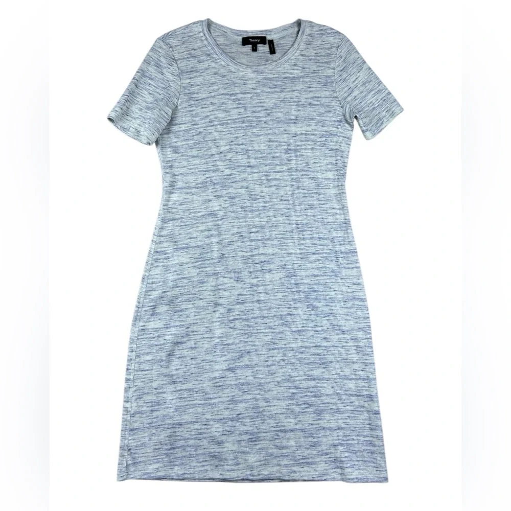 Theory Heathered Blue and Heathered Cream Short Sleeve Mini Dress - Picture 2 of 15